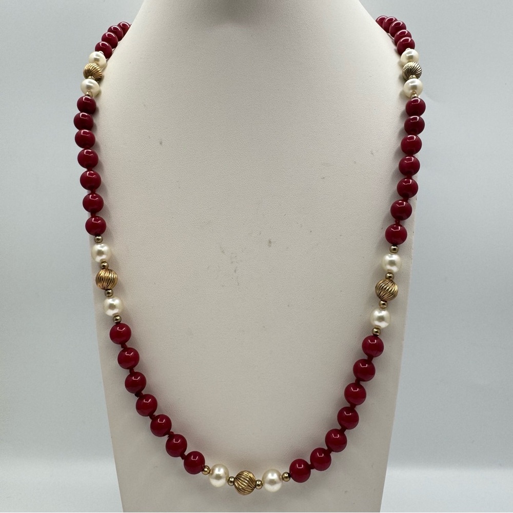 Red Jasper Beaded Necklace w/ Glass Pearls & Gold Tone Accents | Classic Elegant